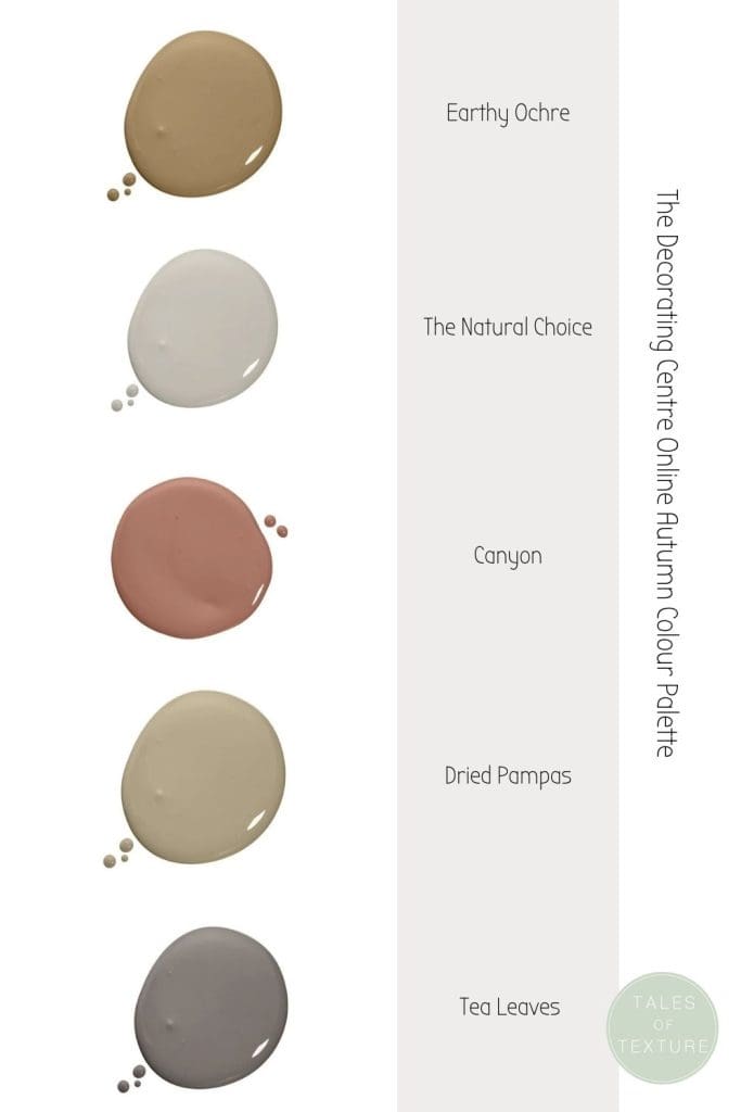 Autumnal colour palette of off-white, ochre yellow, terracotta and dark brown-grey