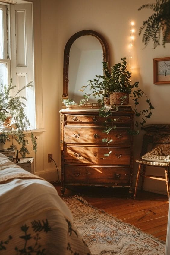 Vintage tall chest of drawers with 3 deep drawers and top shallow on, arched mirror standing on top alongside an ivy plant