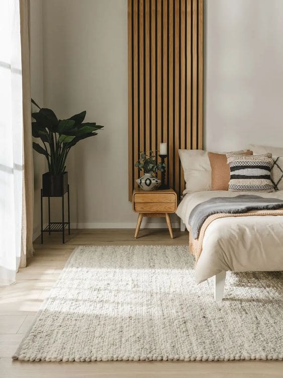 side angle of bed layered with off-white and warm beige bedding with woven loop rug in warm off-white on the floor and plant stand in the corner of the space