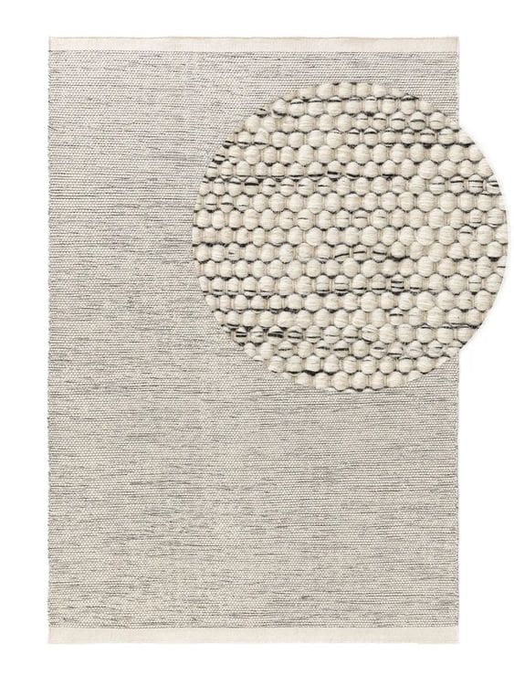 close up of textured rug, woven loop of warm beige and light grey fleck