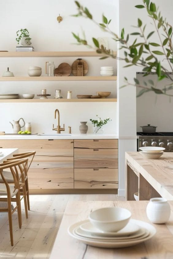 Biophilic Interior Design of kitchen with greeny, light wood cabinetry and open wood shelving styled with glass, ceramics and wooden platters