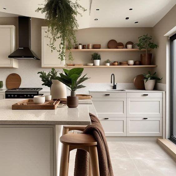 Modern kitchen with soft off-white cabinetry, open wooden shelving and decor accents of brown. Brown plates, vases, bowls and platters