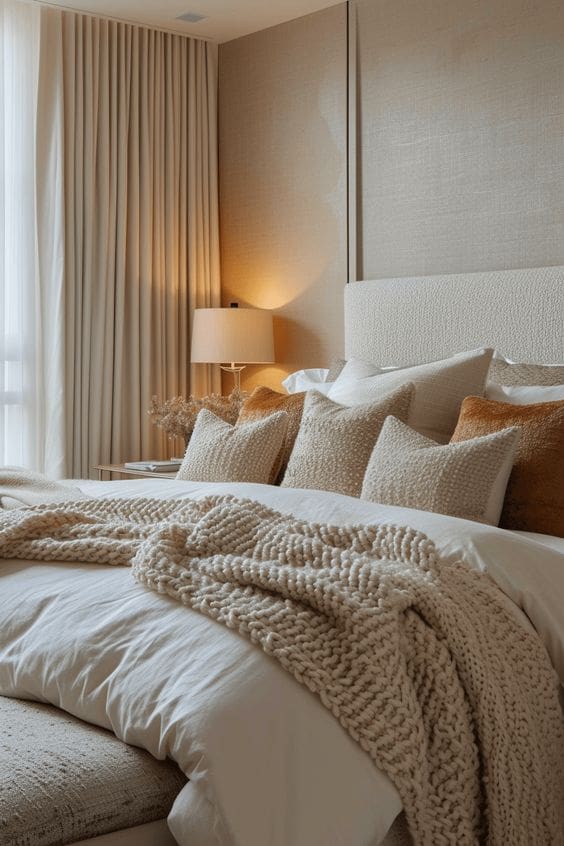 Bed layered with soft fluffy duvet and pillows in off-white, chunky knit throw in warm beige, boucle throw cushions  and bedside lamp offering warm ambient lighting