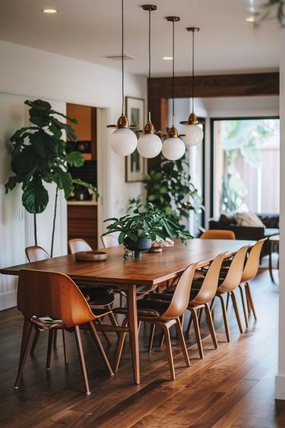 Large rectangular dining table 10 chairs and wooden flooring, all in varying shades of wood. Decorated with plants and a central triple pendant light with white globe shades