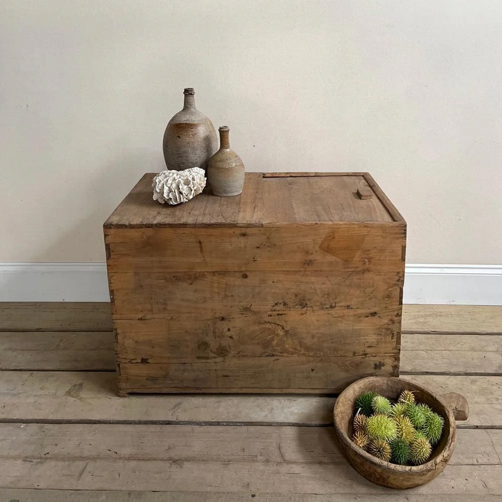 Rustic antique glass box with metal cast handles and sliding lid