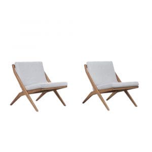 pair of Scandinavian relax chairs with wooden frame and upholstered seat back and bottom