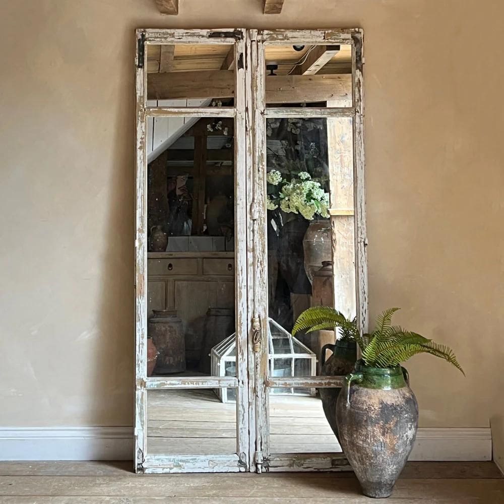 Rustic french mirrored window panes, with distressed white paint finish