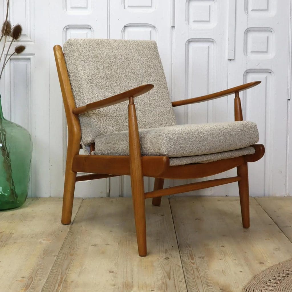 Vintage Scandi Mid-Century Chair with Boucle seat and back covering