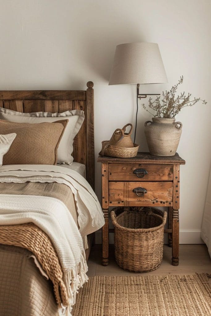 Vintage French bedside table with 2 drawers and metal pull handles. Standing next to vintage wooden bed frame styled with neutral bedding, woollen throws and frilly oxford trim pillows