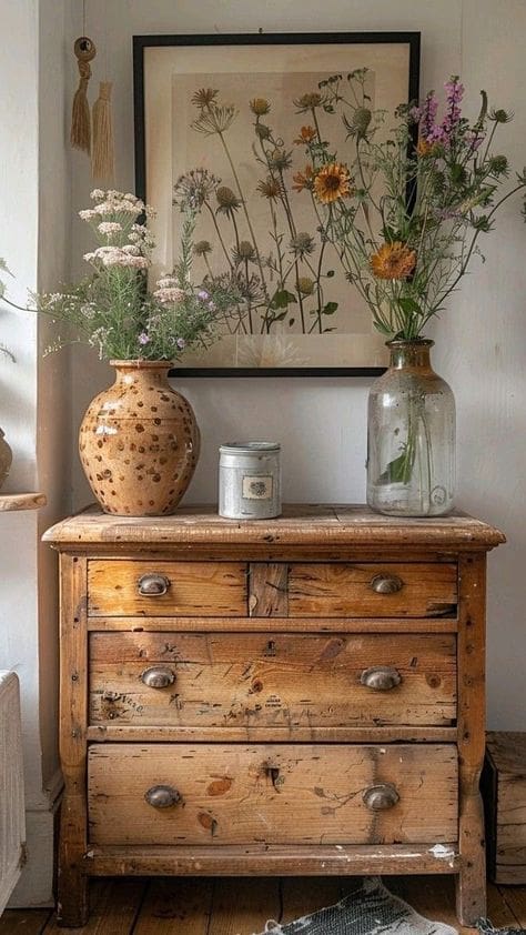 Vintage French chest of drawers with aged patina and cup handle hardware