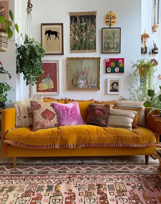 Eclectic vintage lounge showcasing mustard yellow upholstered sofa, gallery wall of mixed colour prints and frames, bohemian pattern rug in reds, browns and pinks and hanging plants