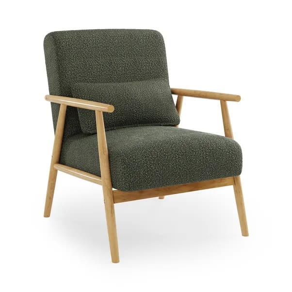 Forest green boucle upholstered armchair with light wooden frame