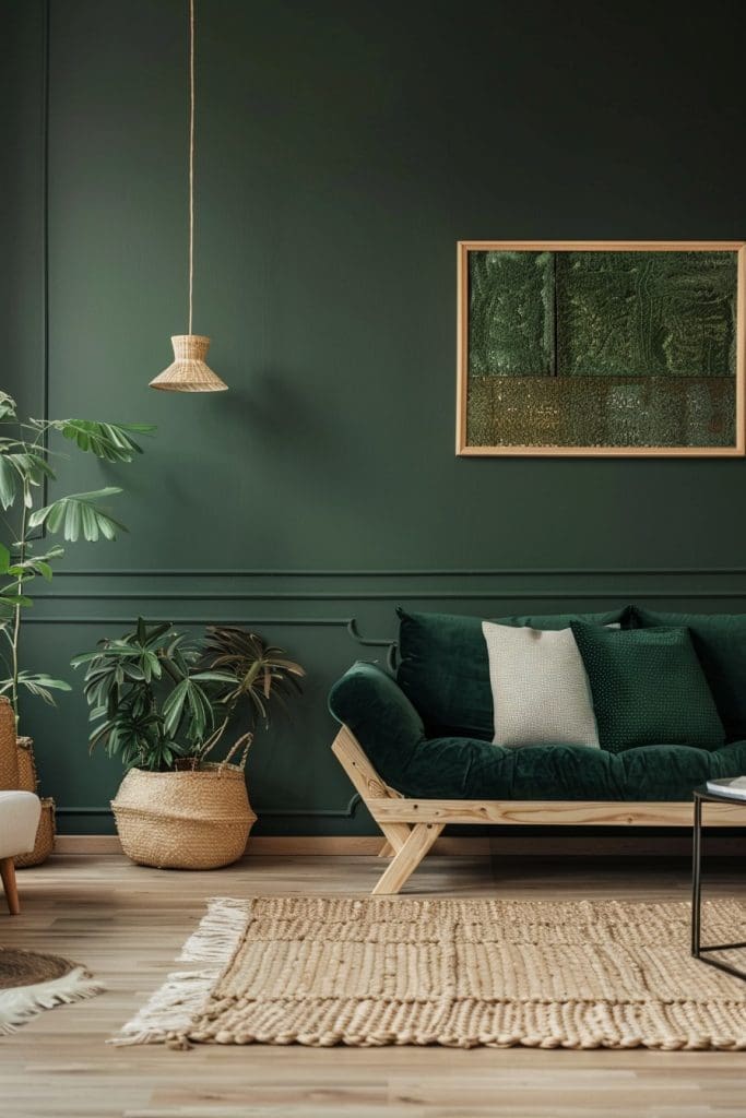 Relaxed rustic lounge space with dark forest green painted walls and velvet sofa with a light wooden frame detail, light wooden flooring and jute style rug with cream tassels