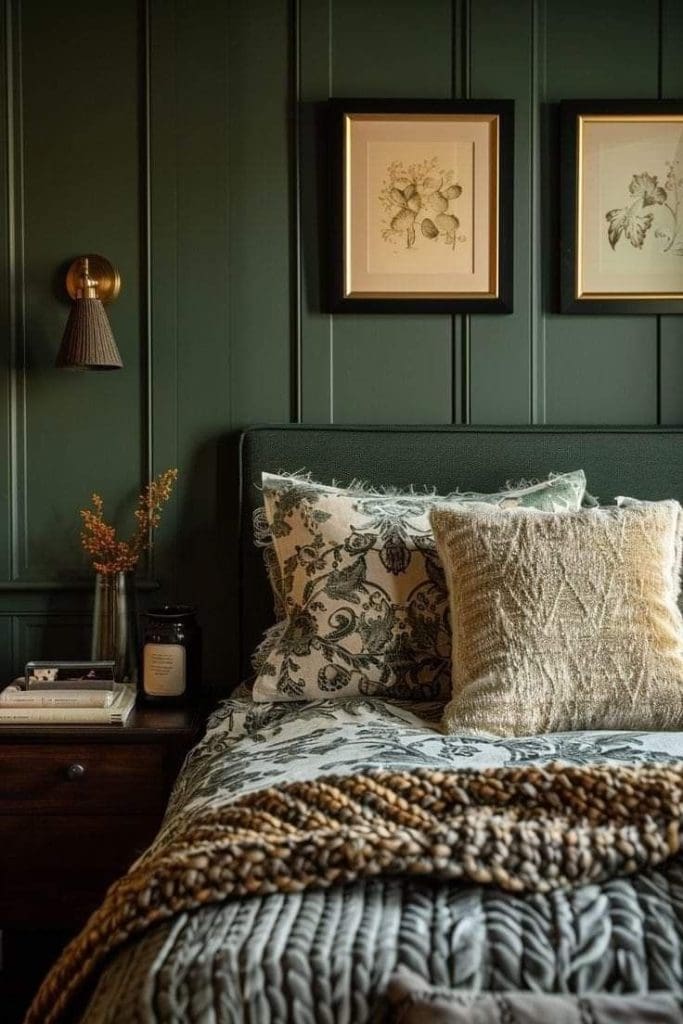 Panelled dark green painted walls with green upholstered headboard, green and white floral bedding with patterned cushions and chunky knit throw