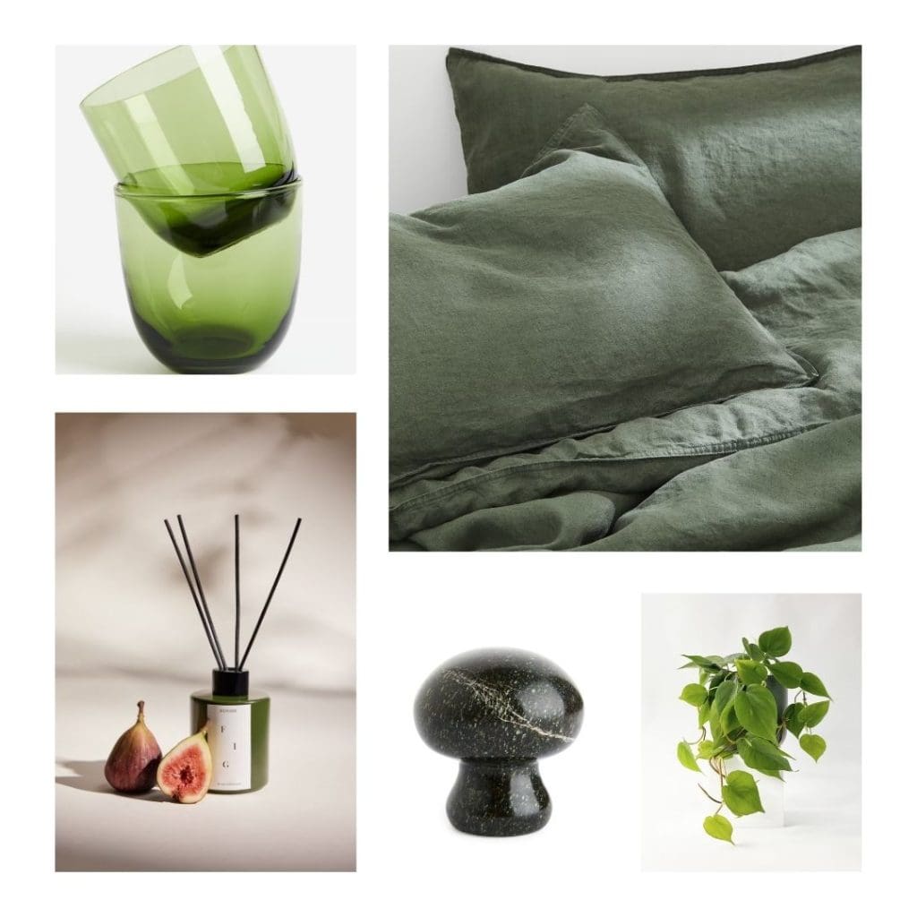 Forest green accessory image of green galss tumblers, dark green linen bedding, fig scented green glass reed diffuser, mushroom shaped dark green marble decorative object and hanging plant