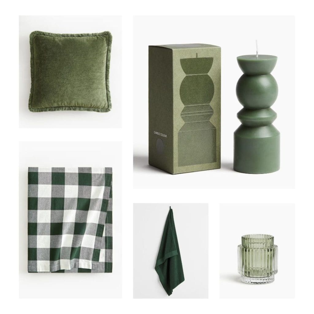 Forest green accessory image of velvet cushion, tall pillar candle, green and white checked tablecloth folded, dark green bath towel hanging and green ribbed glass tealight holder