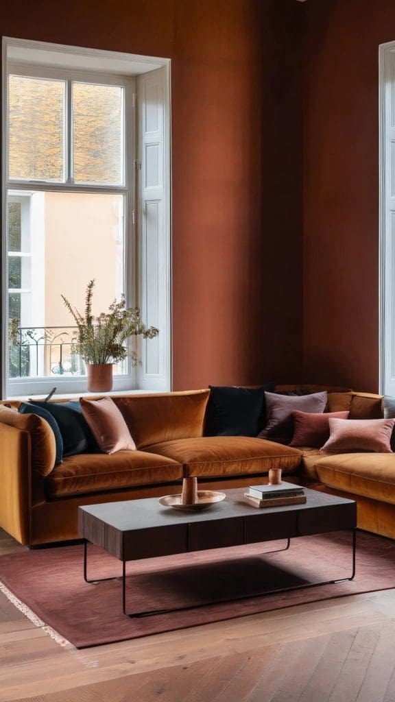 Modern style lounge painted in a dark red-brick terracotta with dark mustard velvet sofa and black metal simple form coffee table 