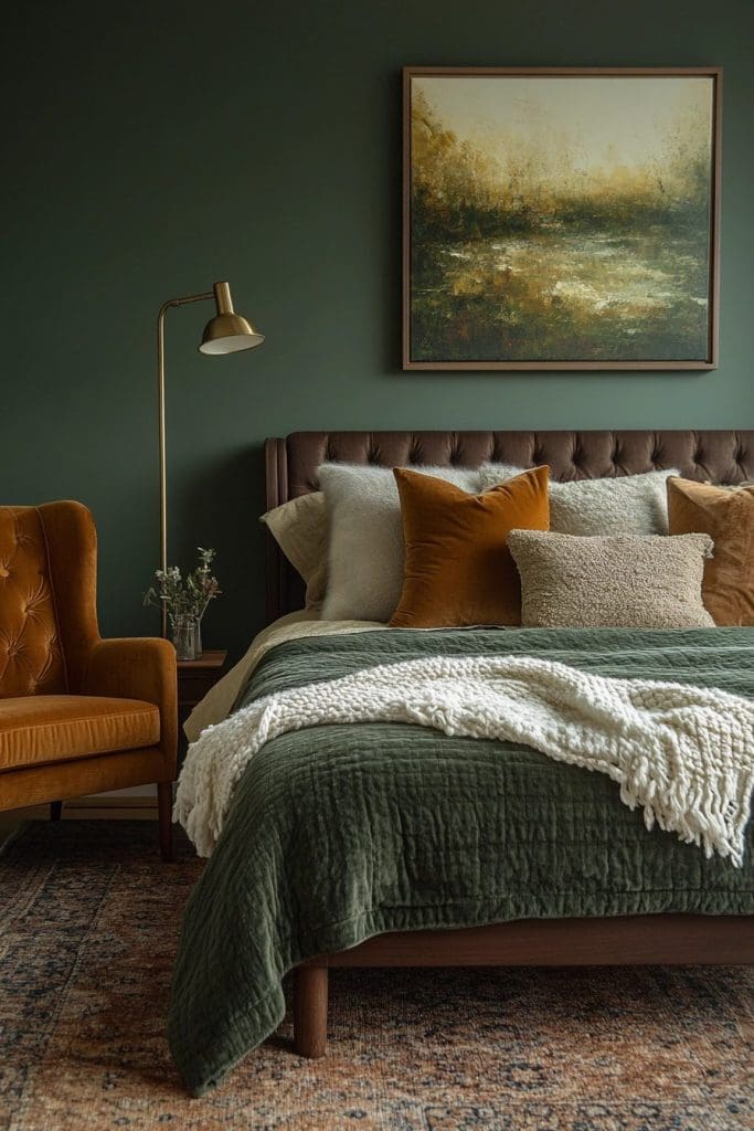 Forest green walled bedroom with green throw to bed alongside dark caramel and warm neutral throw cushions, oil paint artwork and wing-backed armchair