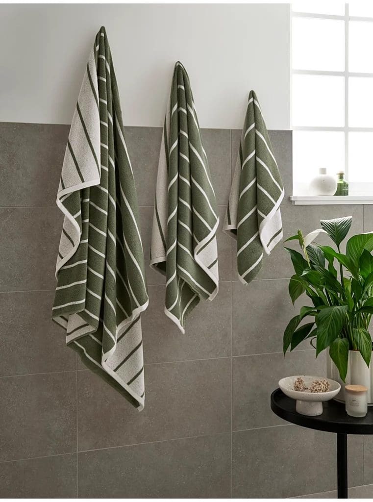 Dark olive green and white striped bath towels