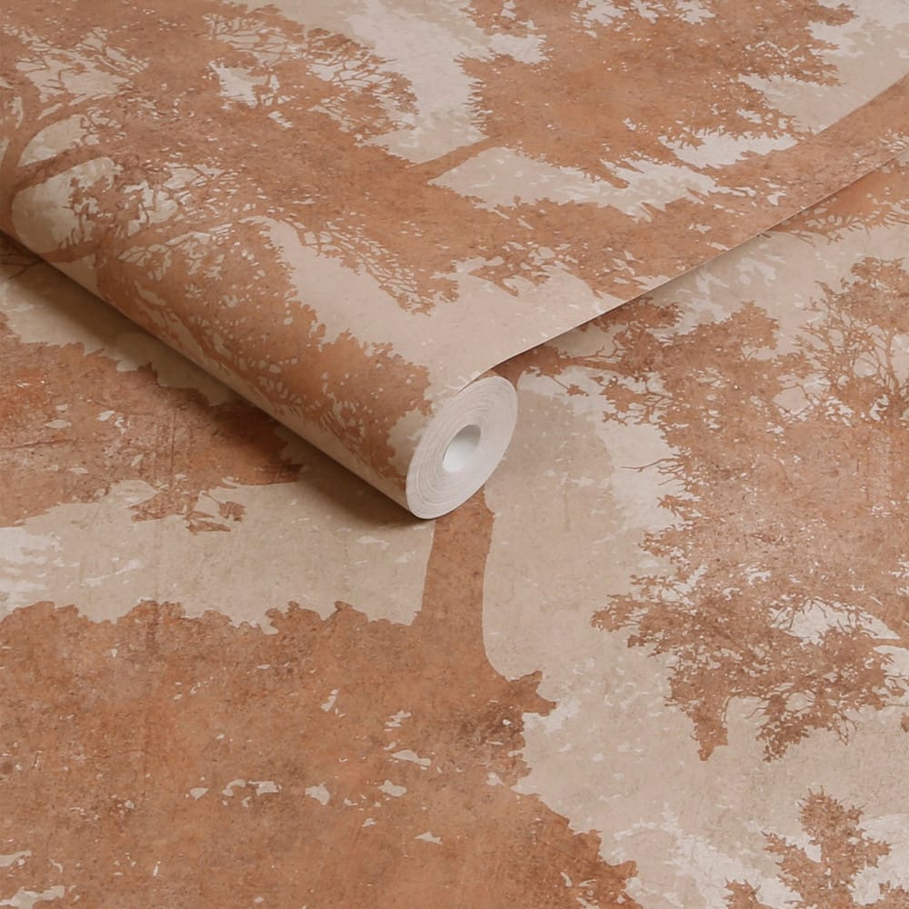 Tree printed wallpaper in warm neutrals and terracotta