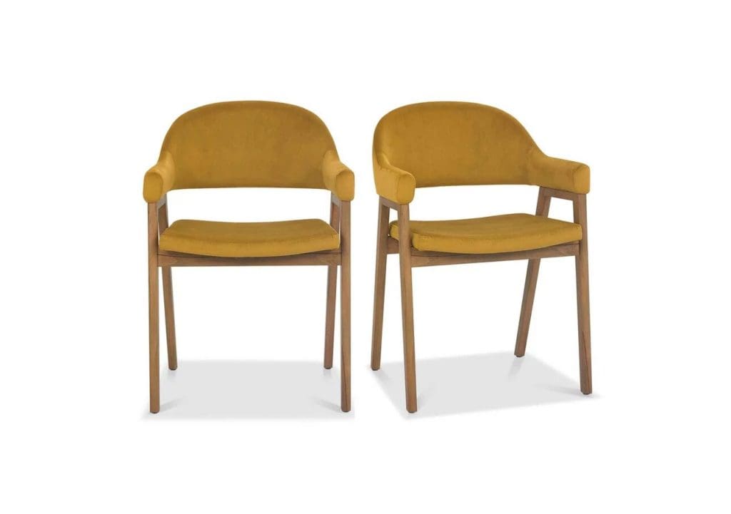 2 round back, arms and wooden legs Yellow Ochre dining chairs