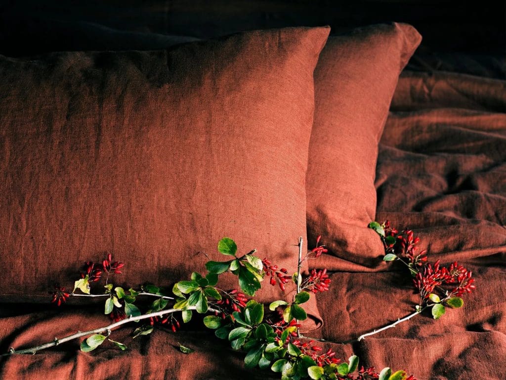 Dark terracotta bedding and pillows styled with red berry stems