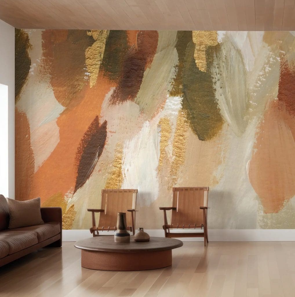 Terracotta wall mural with abstract paint smudges