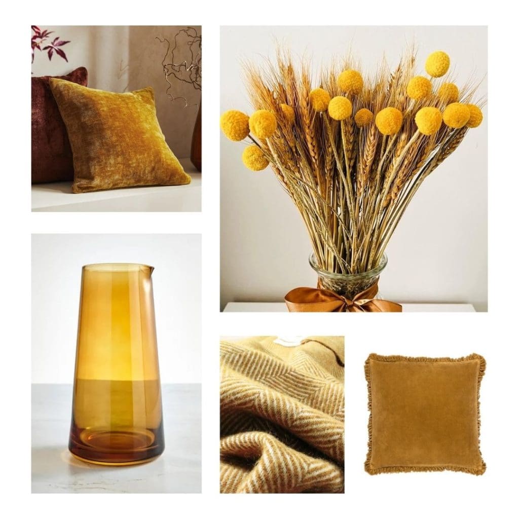 Yellow Ochre accessory image of chenell cushion, dried yellow stems, carafe and vase, as well as herringbone patterned throw.