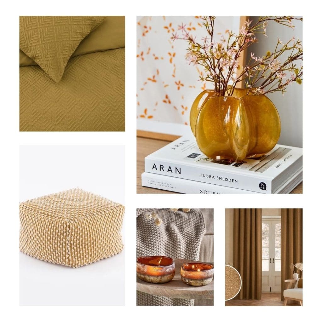 Yellow Ochre Accessory image of duvet cver, bobble pouffe, tealight candles and floor length curtains