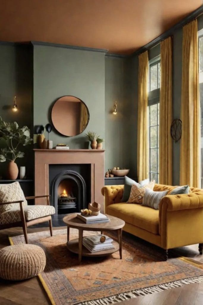 Yellow ochre chesterfield sofa in large lounge with high ceilings, large Georgian windows painted in soft green and terracotta.