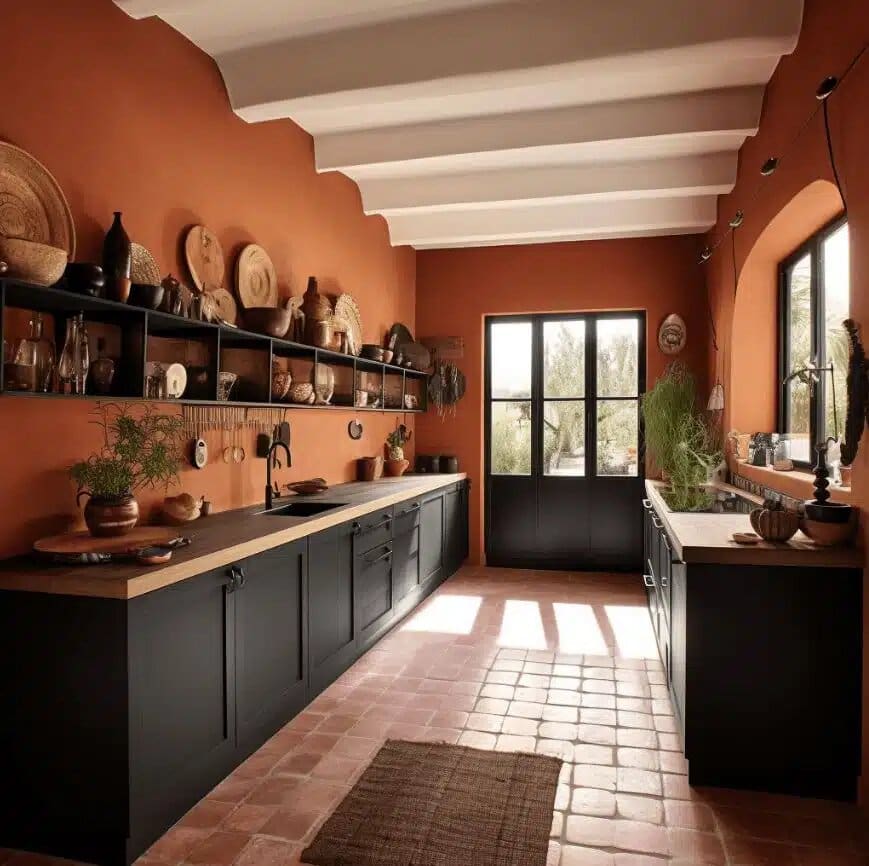 Kitchen space with dark black painted floor cabinets, open black shelving styled with woven plates, wooden bowls and rustic details. Painted terracotta walls with a white arched ceiling