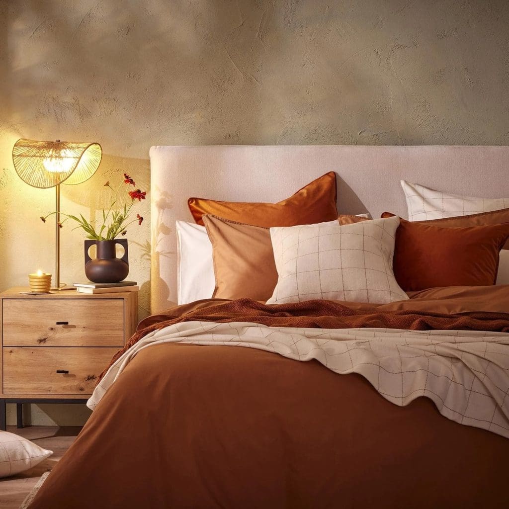 Textured wall bedroom with warm mid neutral paint, terracotta beding with checked white detail and upholstered off-white headboard