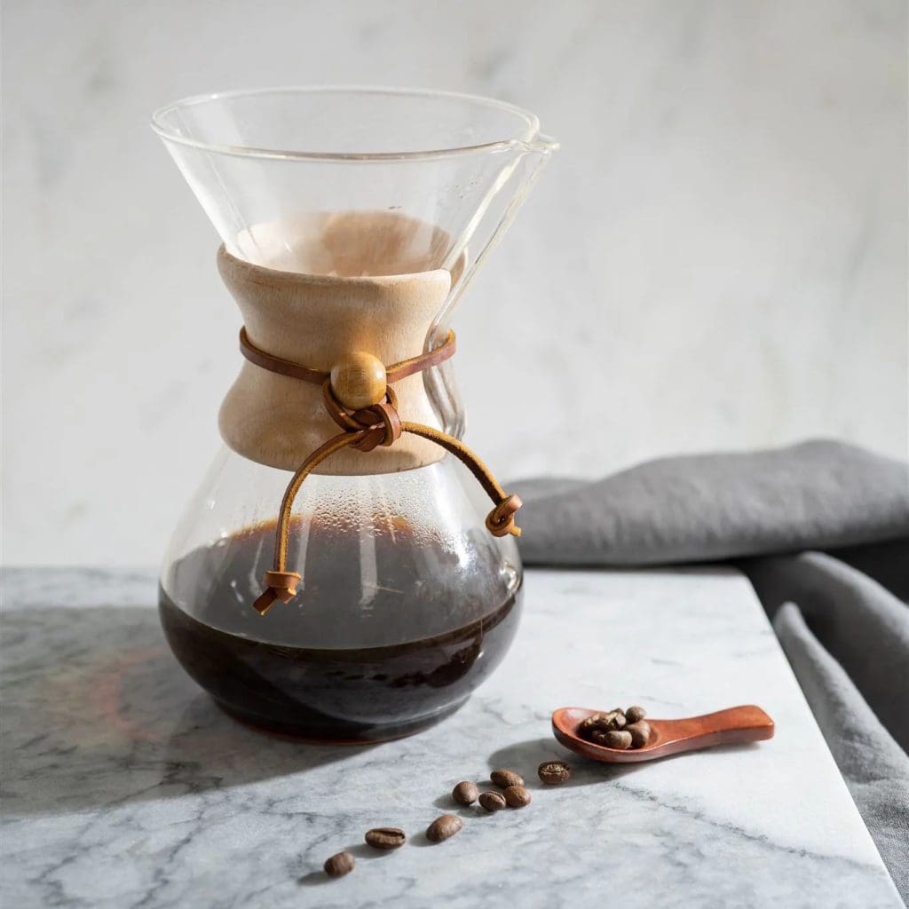 Chemex classic glass coffee maker sat on a marbled surface.