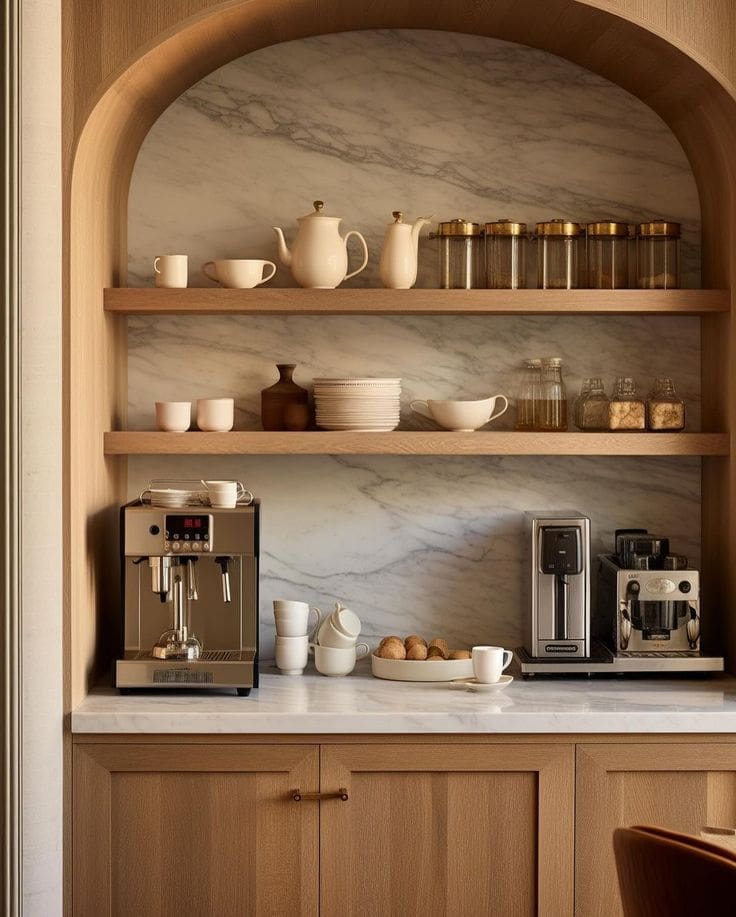 Marble arched coffee nook with glass and brass elements and white crockery