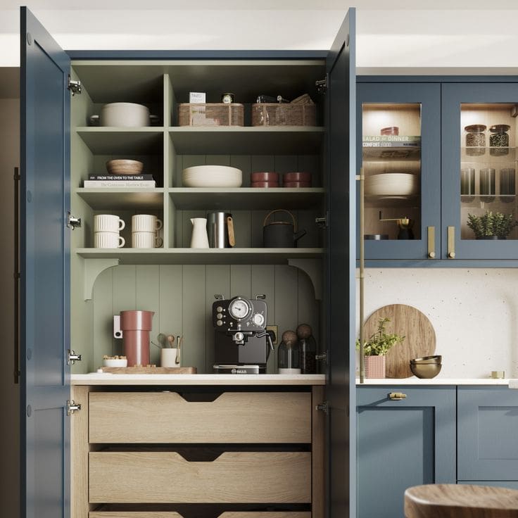 Deep blue kitchen cabinets housing a coffee nook with pull out drawers below the coffee machine and shelving above. All hidden away behind hinged doors.