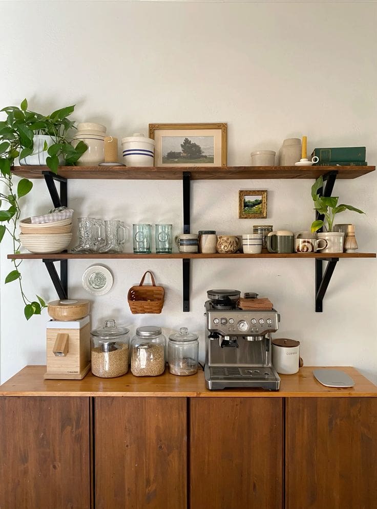 Double parallel shelving with greenery, eclectic mix of cups and individual artwork add a sense of uniqueness and style