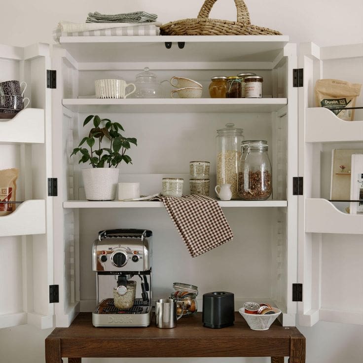 Repurposed white wooden cabinet for unique coffee nook styled in a traditional way with glass mason jars and woven baskets.