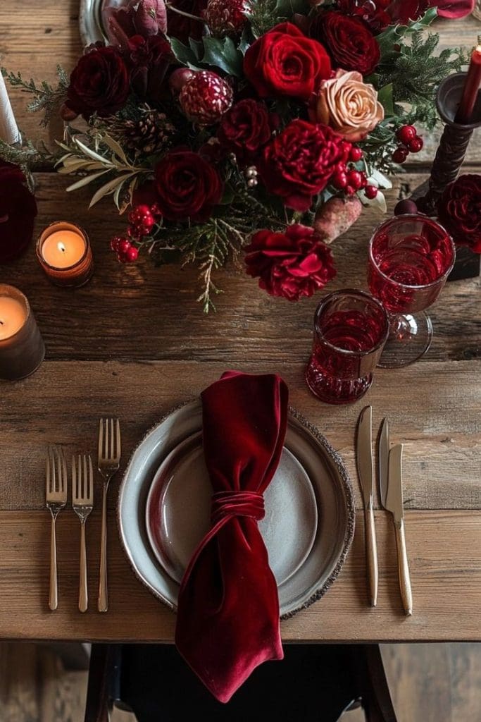 Table setting on rustic wooden table with red glassware, fresh red flowers and red velvet napkin