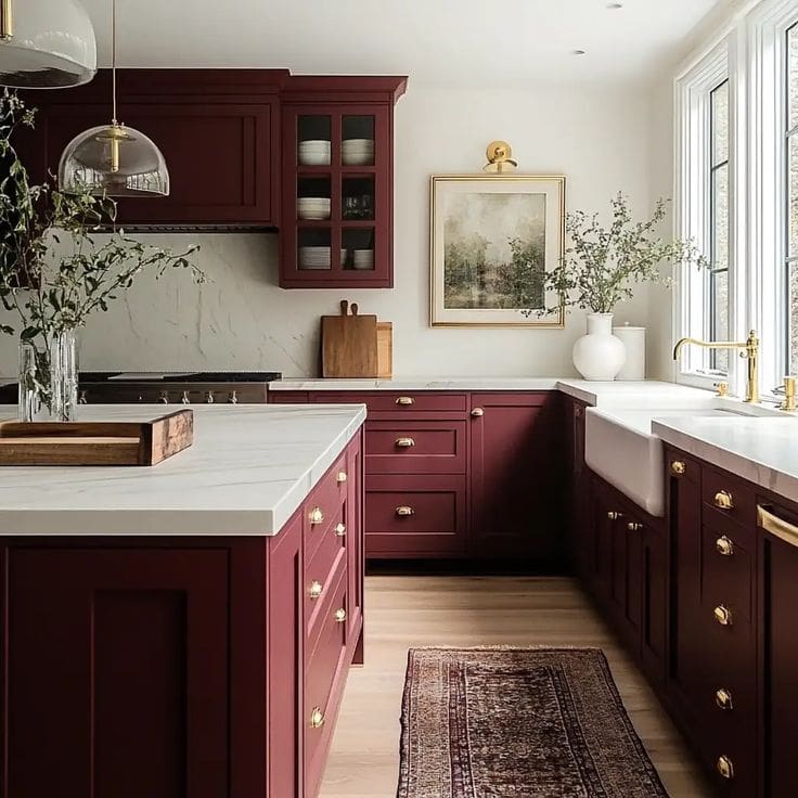 Deep burgundy red kitch cabinets with brass cup handle detail