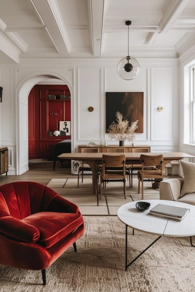 The 'Unexpected Red Theory' in a neutrally decorated open living dining room with red accent chair and red wall to rear