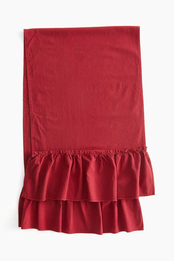 Bright red ruffle trim tablecloth