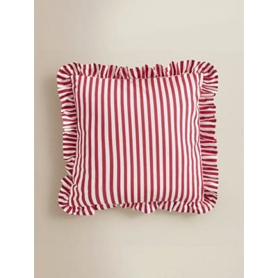 Red and white candy cane stripe ruffle edge cushion