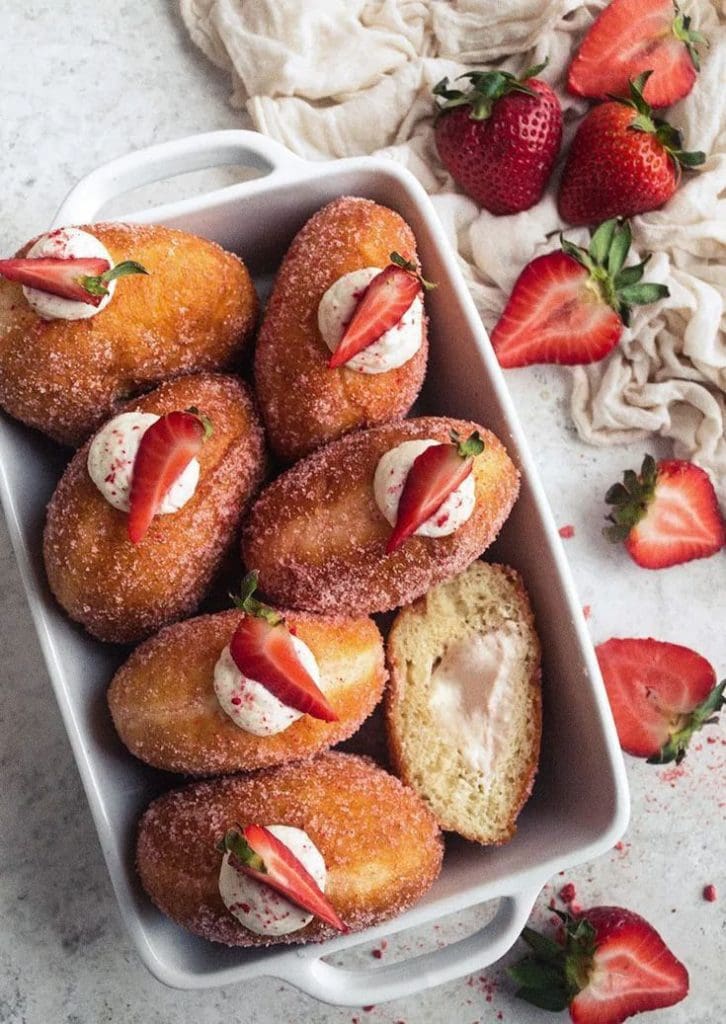 Straberry and cream donuts with chopped fresh strawberries