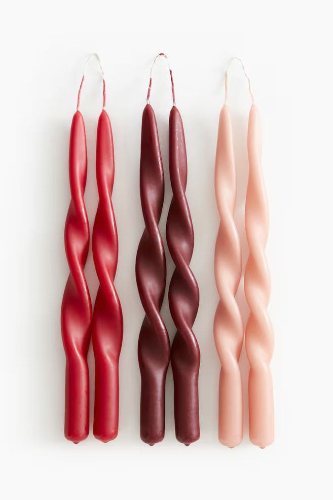 Twisted candle sticks in red, blush pink and burgundy