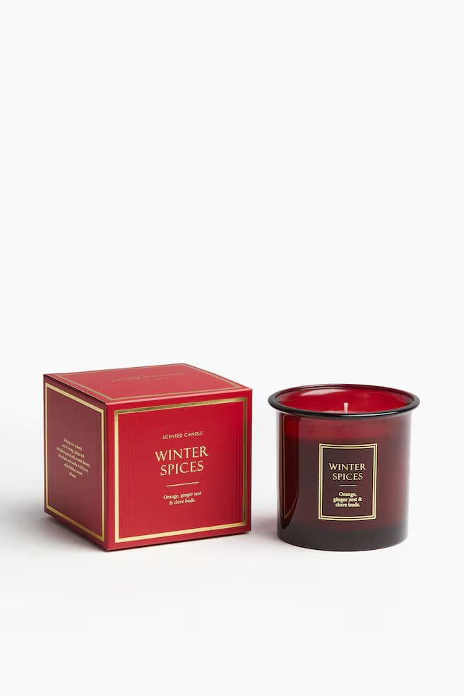 'Winter Spice' red glass scented candle