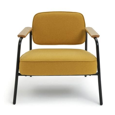 Black metal framed armchair with mustard yellow cushioned seat pad and back, small wooden armrests