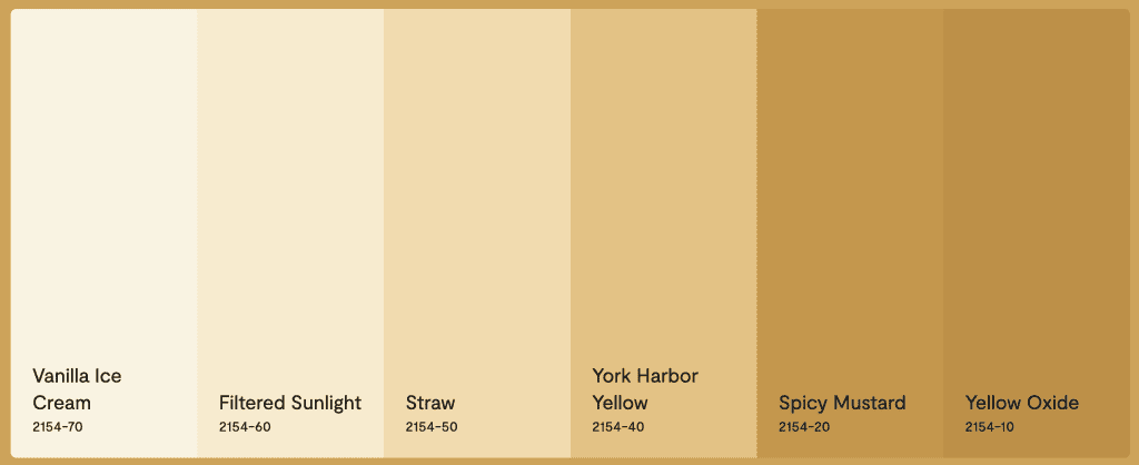 A complilation of light to dark yellow sunset shades by the brand Benjamin Moore