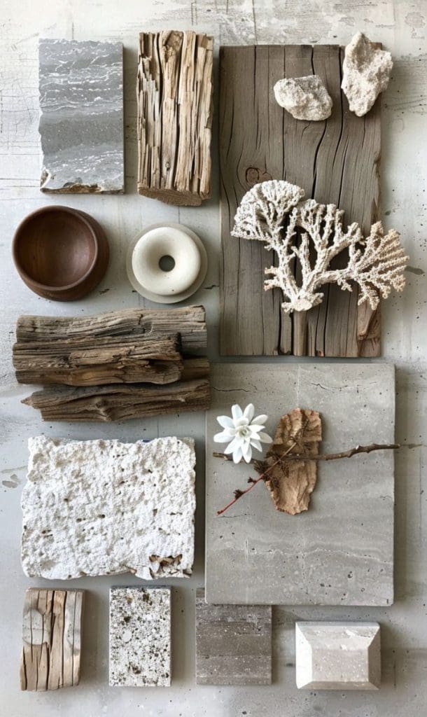 Rustic and natural material flatlay showing aged wood, natural stone and coral and light grey tiles